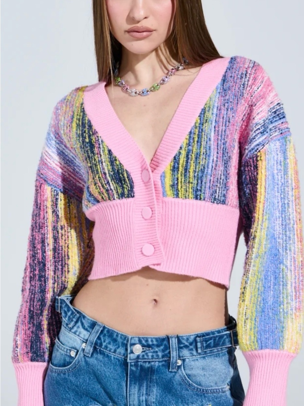 AKIRA Pink Multicolor Cropped V-Neck Cardigan